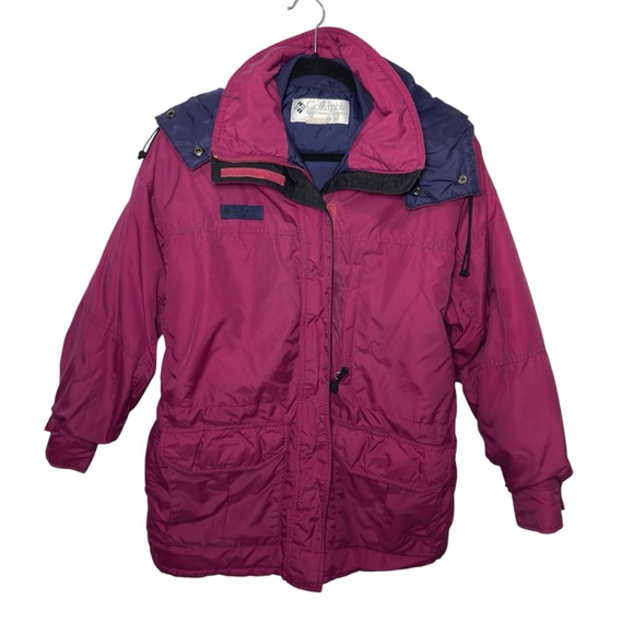 Columbia Jackets & Blazers - Columbia pink and blue nylon Hooded Jacket draw string zip hook and loop size M